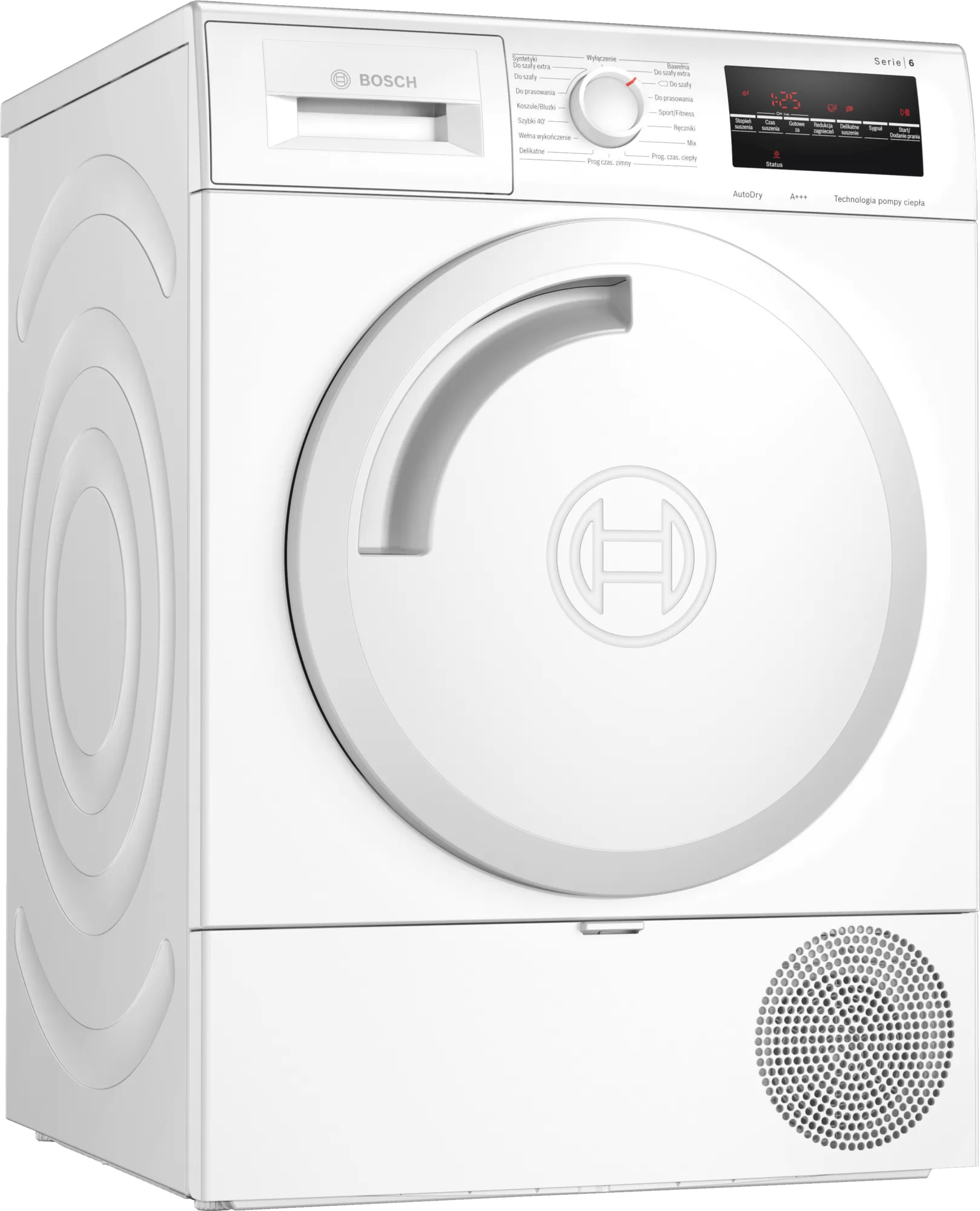 Biała suszarka Bosch. Ma okrągłe drzwi i panel sterowania na górze.