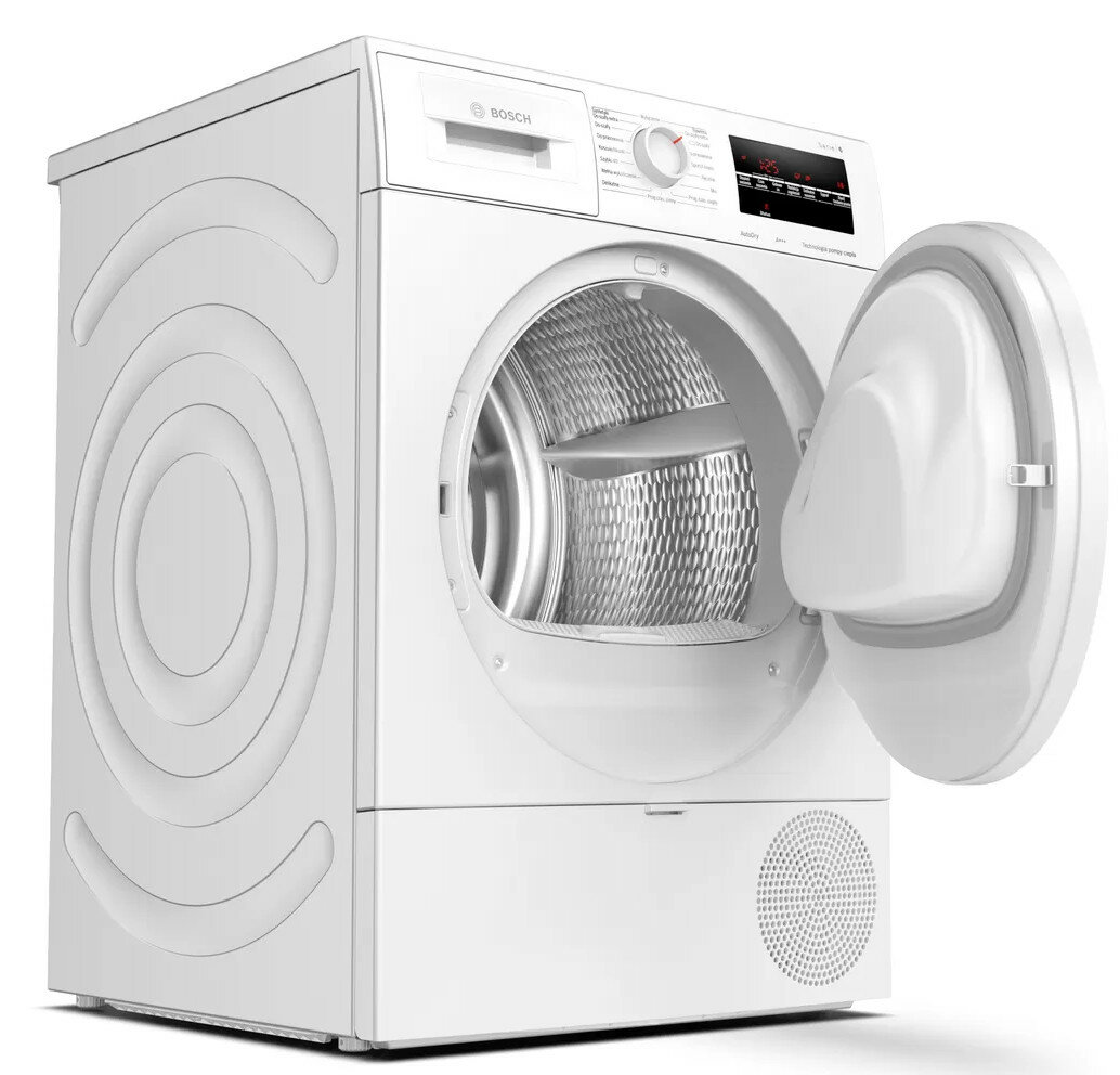 Biała suszarka z otwartymi drzwiami, pokazująca bęben wewnętrzny.