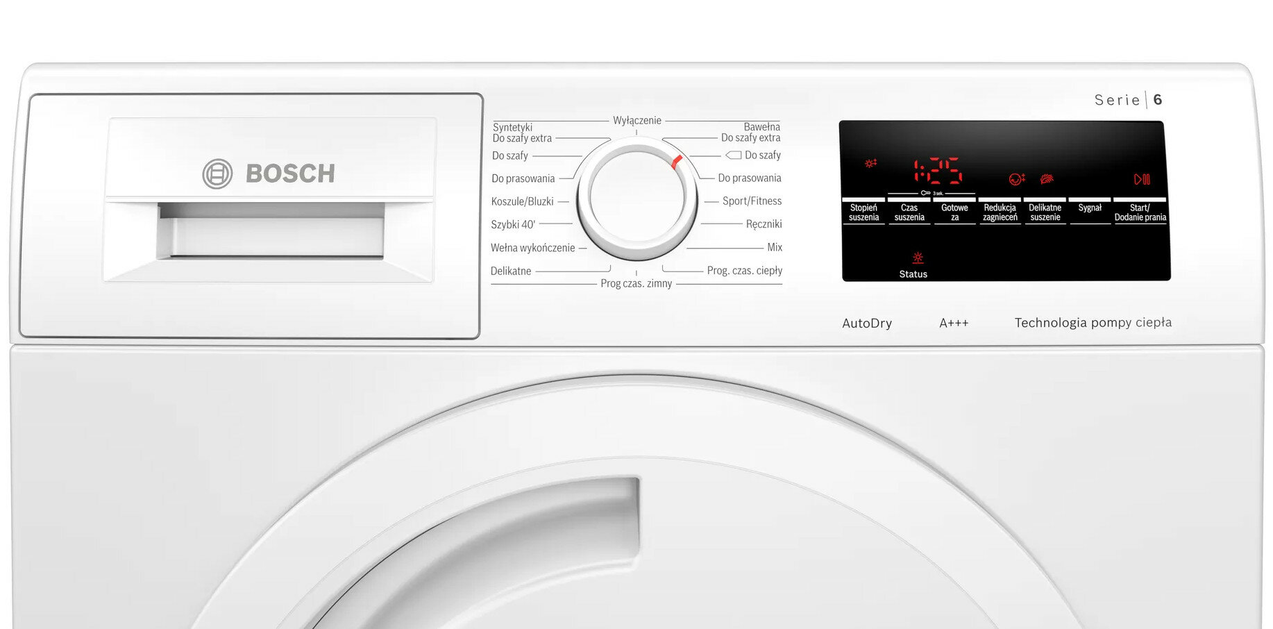 Biała suszarka z panelem sterowania. Widoczne pokrętło i wyświetlacz cyfrowy.
