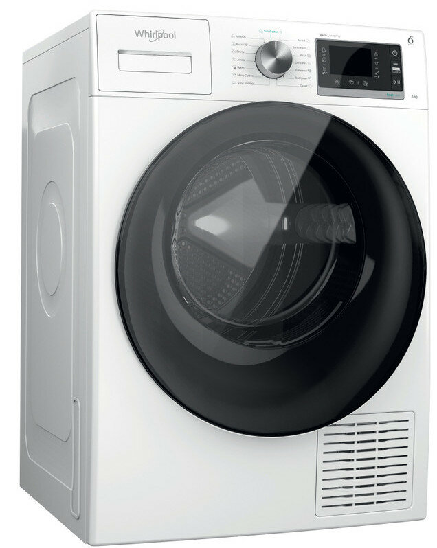 Biała suszarka Whirlpool z czarnymi drzwiami. Przyciski na górze. Białe tło.