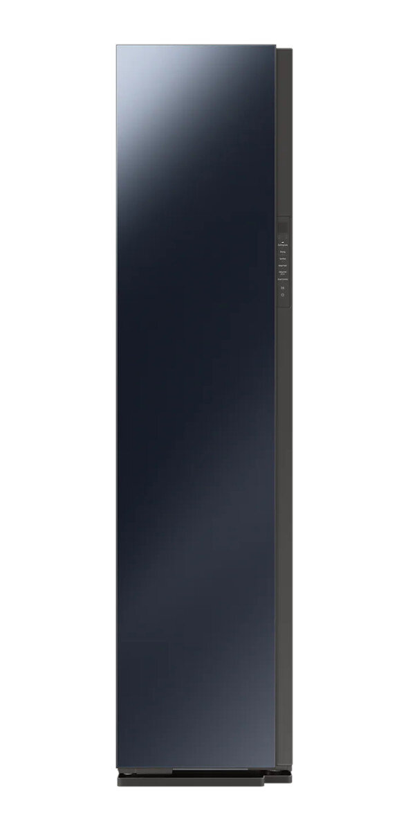 Wysokie, ciemnoniebieskie urządzenie do pielęgnacji odzieży Samsung, minimalny design.