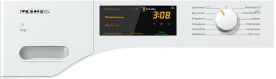 Biały panel sterowania suszarki Miele z wyświetlaczem cyfrowym pokazującym czas i opcje.