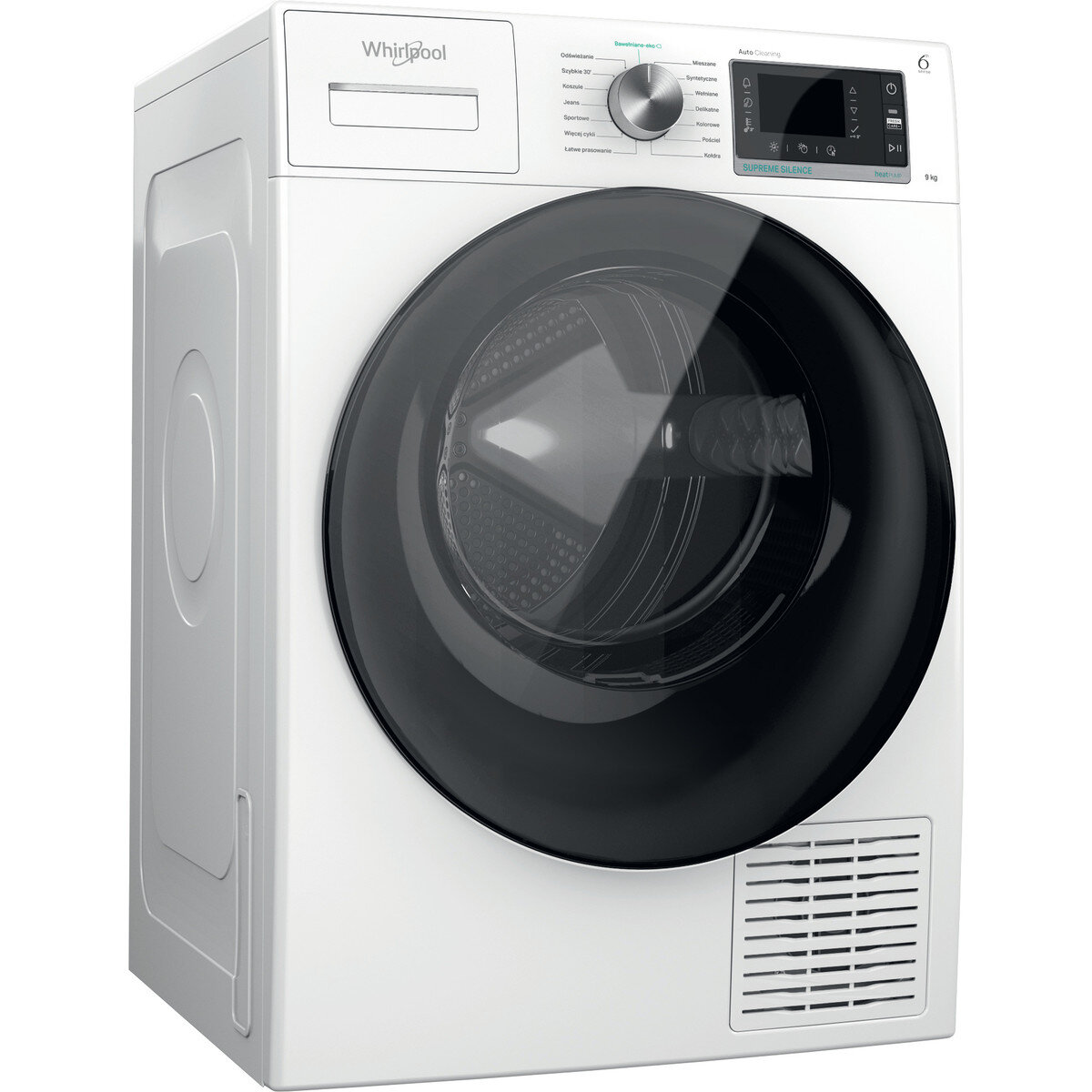 Biała suszarka Whirlpool. Widok z przodu, czarne drzwi. Panel sterowania na górze, z wentylacją na dole.