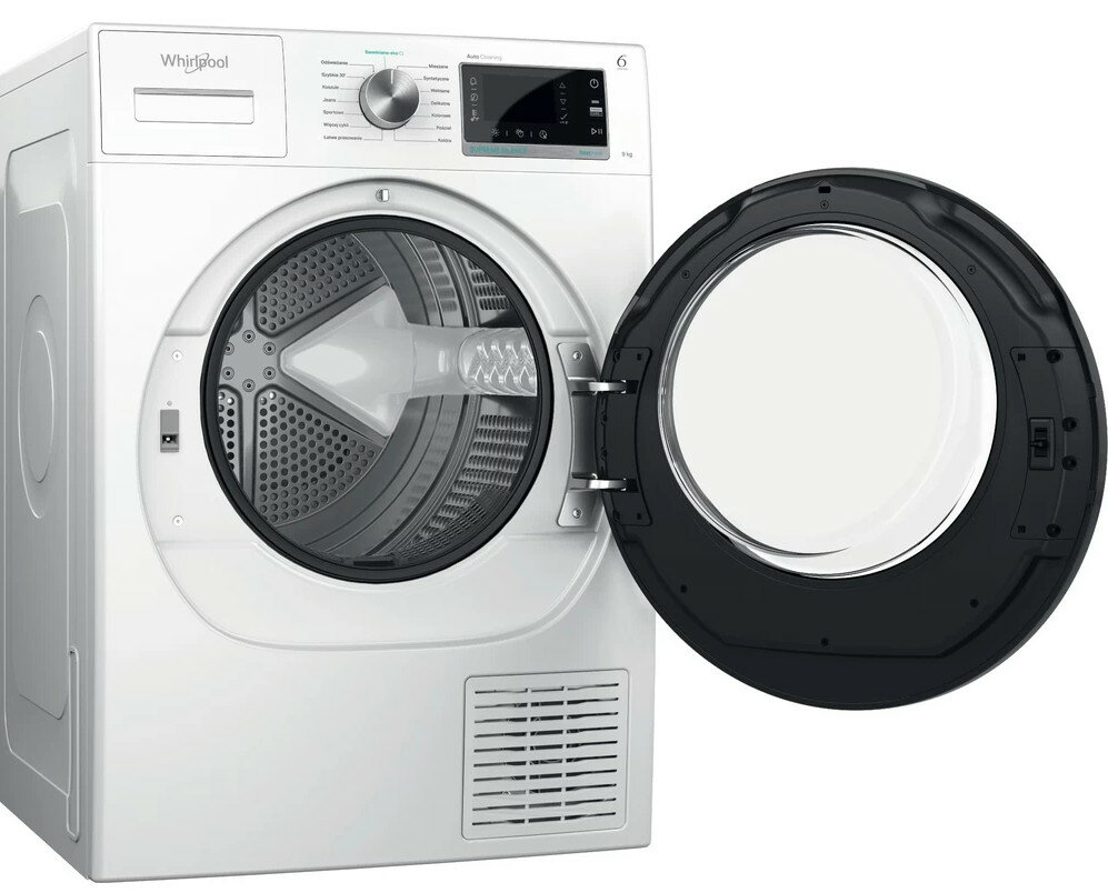 Biała suszarka Whirlpool z otwartymi drzwiami. Widoczny panel sterowania.