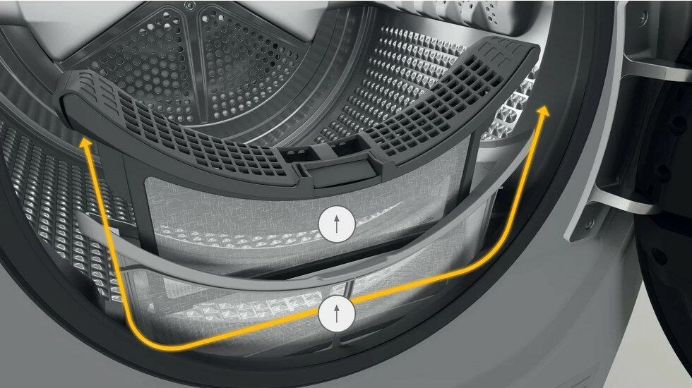 Zbliżenie na komorę filtra suszarki. Dwa filtry ze strzałkami w górę.