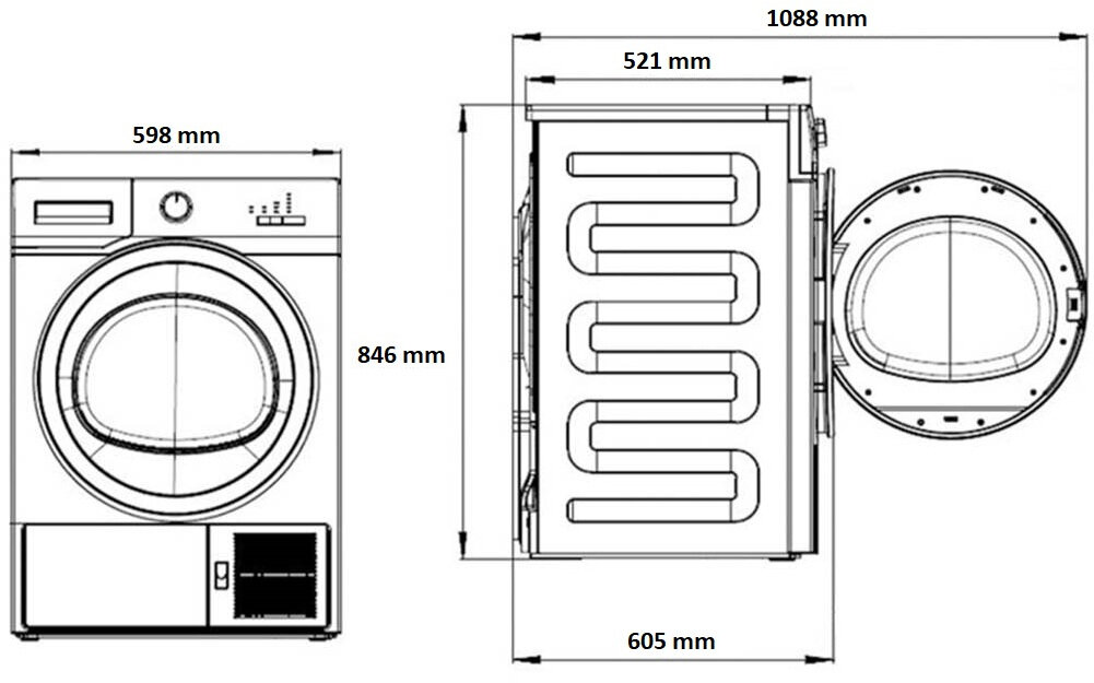 Schemat białej suszarki z wymiarami w mm, pokazujący widoki z przodu, z boku i z góry.