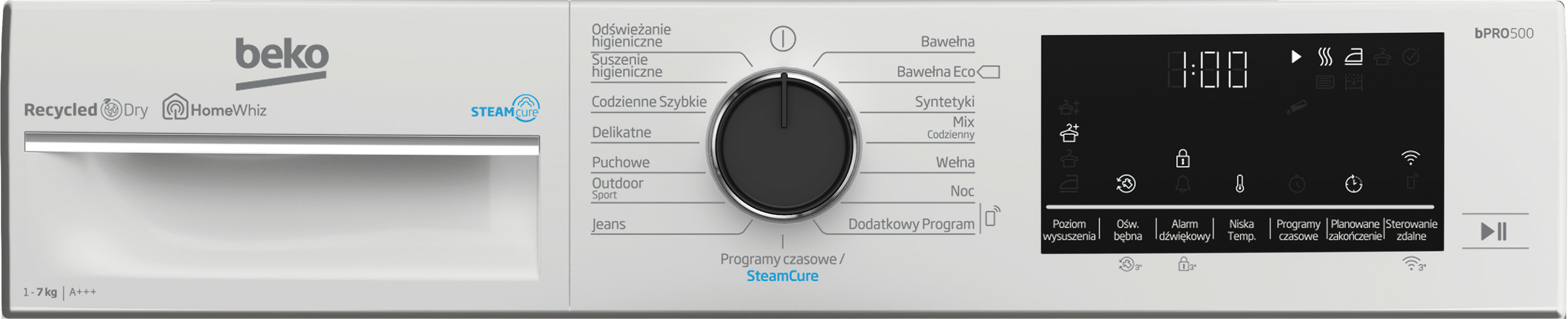 Panel sterowania pralki. Ma pokrętło i wyświetlacz cyfrowy.