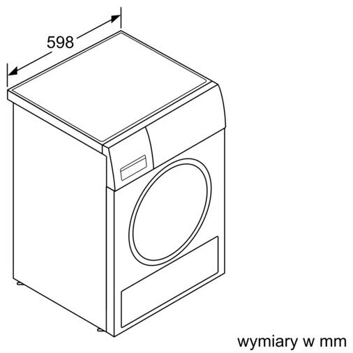 Widok izometryczny białej pralki z wymiarami (598 mm) wskazanymi na górze.