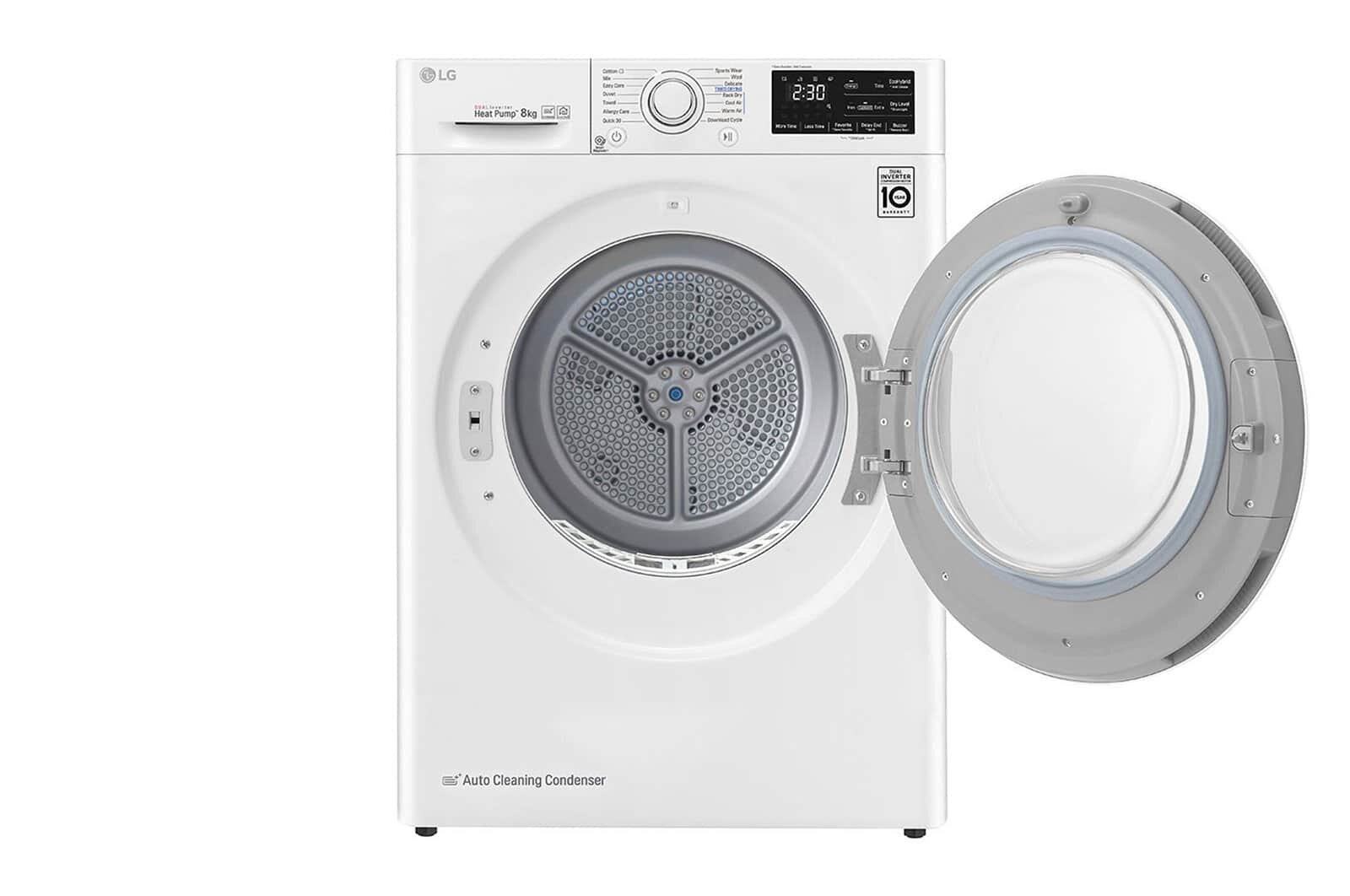 Biała suszarka LG, otwarte drzwi. Widoczny bęben. Panel sterowania u góry. Otwarte drzwi po prawej.