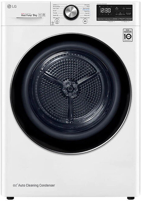Biała suszarka LG z czarnymi drzwiami. Drzwi są otwarte, ukazując bęben w środku.