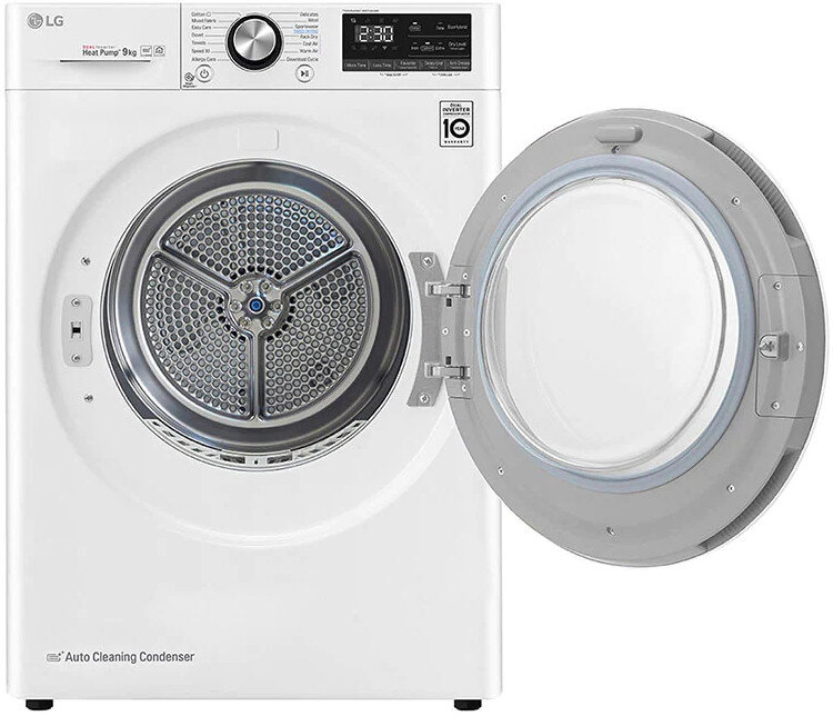 Biała suszarka LG z otwartymi drzwiami. Elementy sterujące na górze, drzwi po prawej.