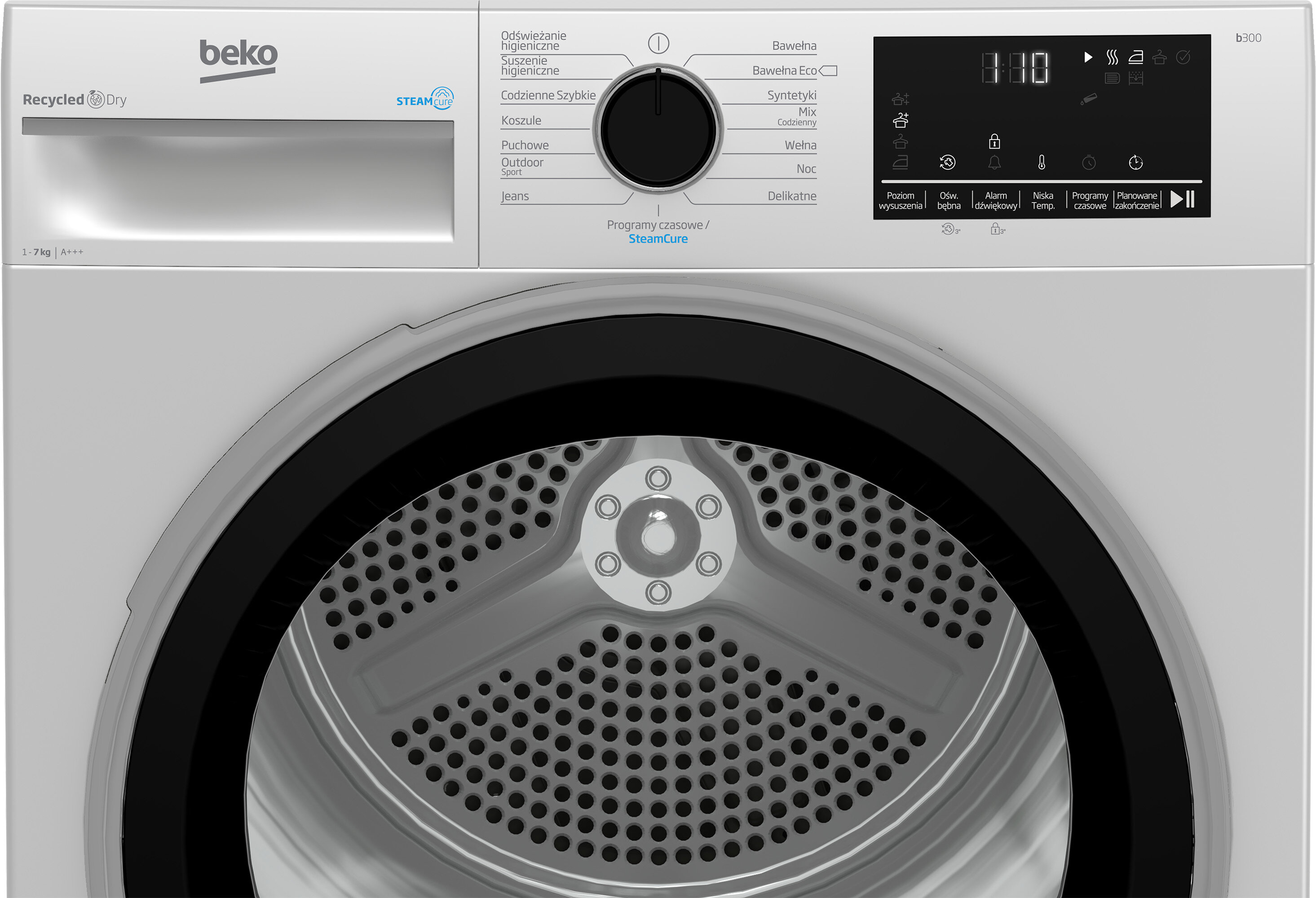 Suszarka Beko z panelem sterowania i otworem bębna. Biały kolor.