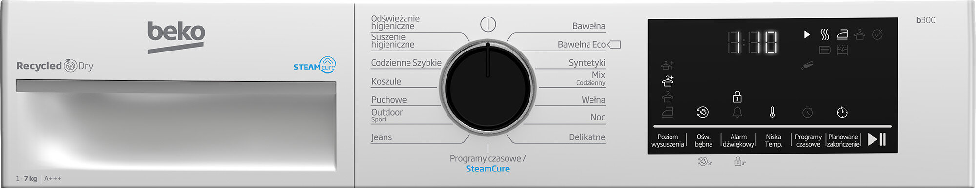 Biały panel sterowania pralki z pokrętłem i cyfrowym wyświetlaczem.