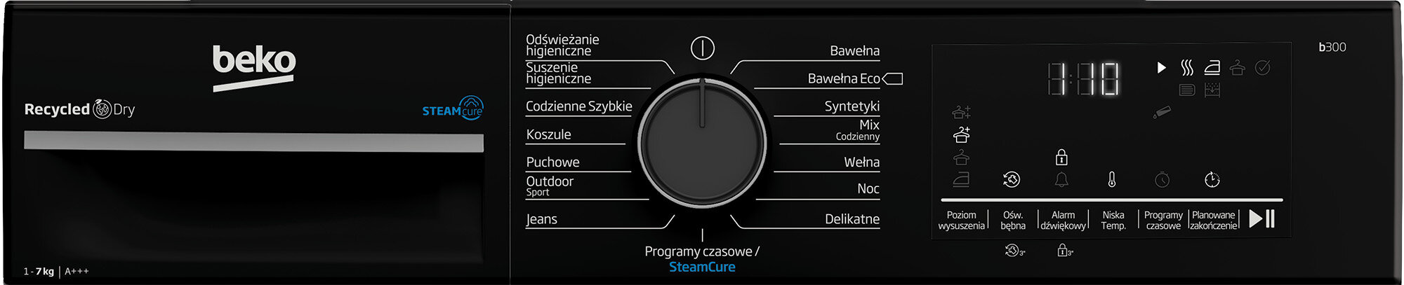 Czarny panel sterowania pralki z pokrętłem, wyświetlaczem i opcjami programów.