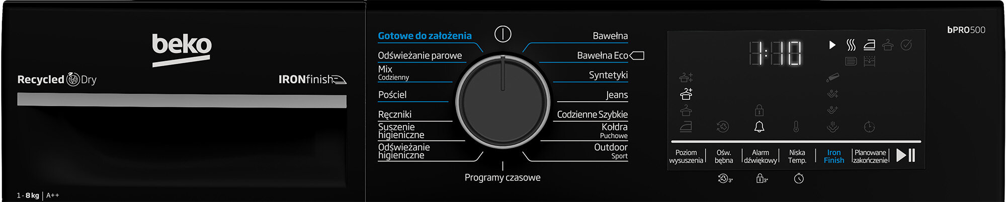 Czarny panel sterowania suszarki Beko z przyciskami, pokrętłem i wyświetlaczem cyfrowym.