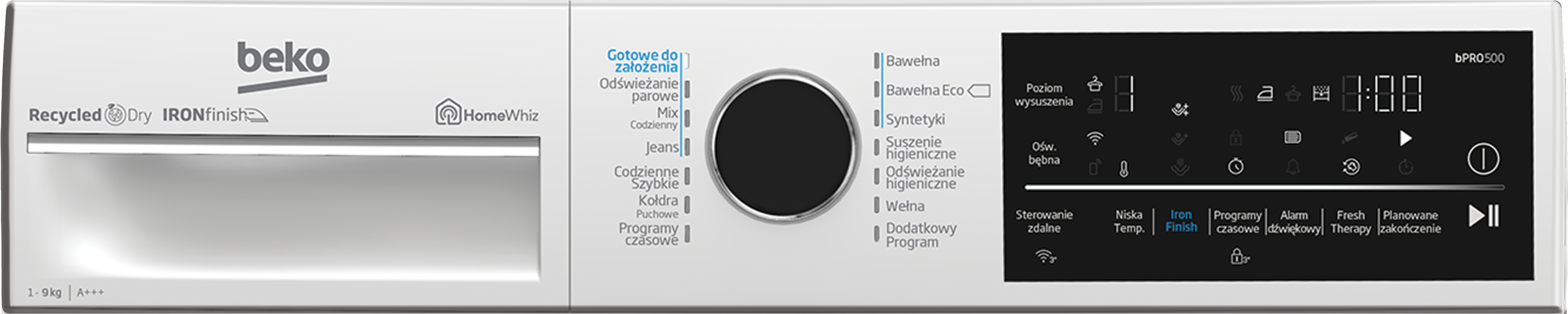 Panel przedni białej pralki z czarnym panelem sterowania i przyciskami. Logo Beko znajduje się na górze.