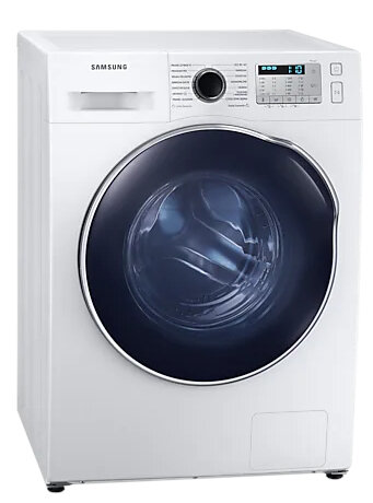 Biała pralka z ciemnoniebieskimi drzwiami.