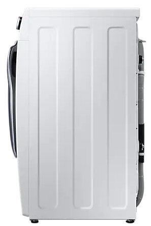 Biała pralka widziana z boku. Tylny panel ma pionowe żłobienia.