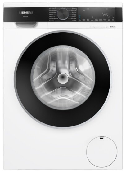 Biała pralka z czarnymi drzwiami i wyświetlaczem cyfrowym. Pokazuje czas.