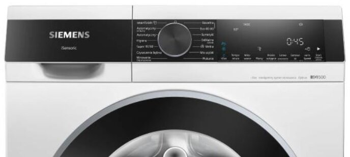 Przód białej pralki z czarnym panelem, logo Siemens i okrągłym pokrętłem sterowania.