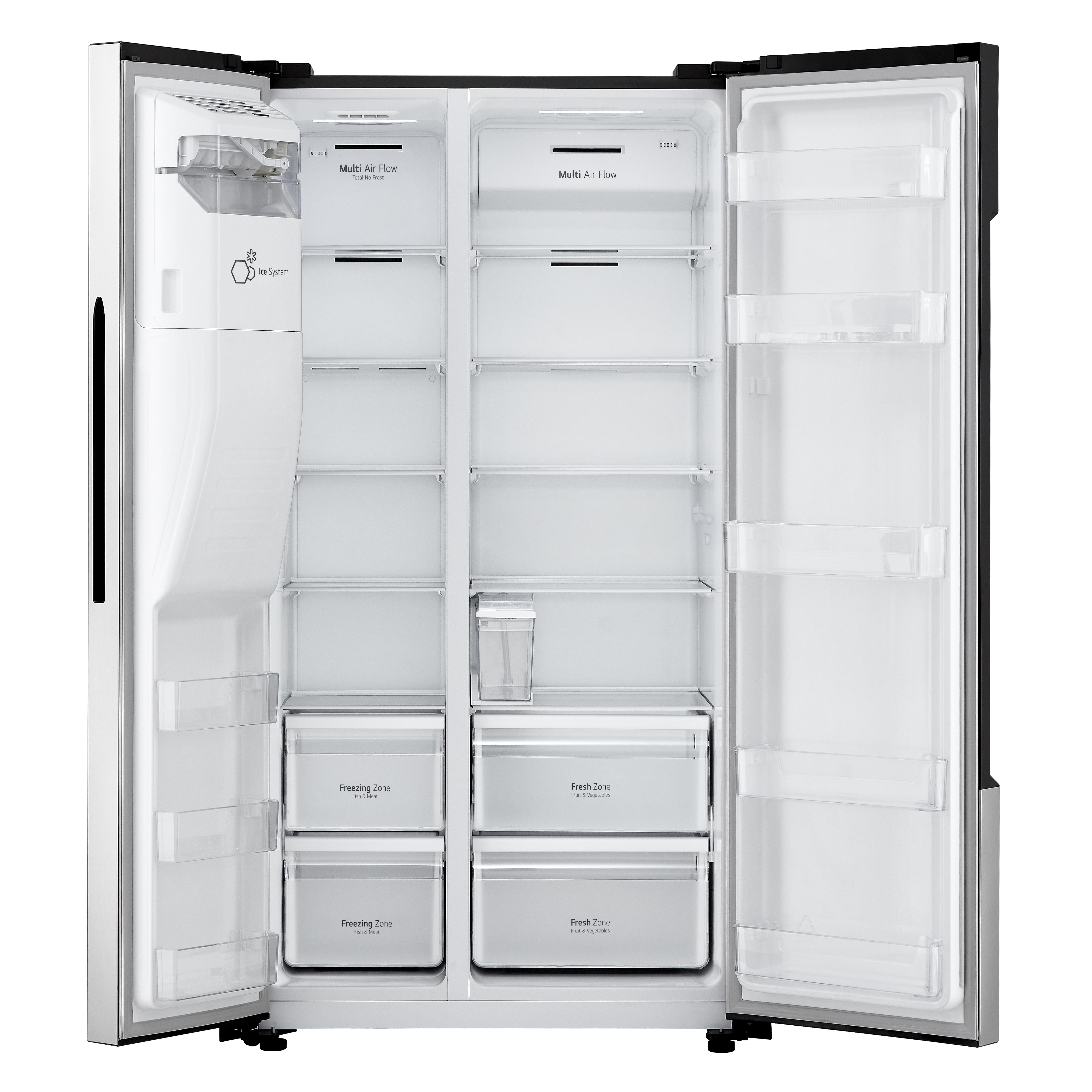 Offener Kühlschrank mit Regalen, Schubladen und Fächern.