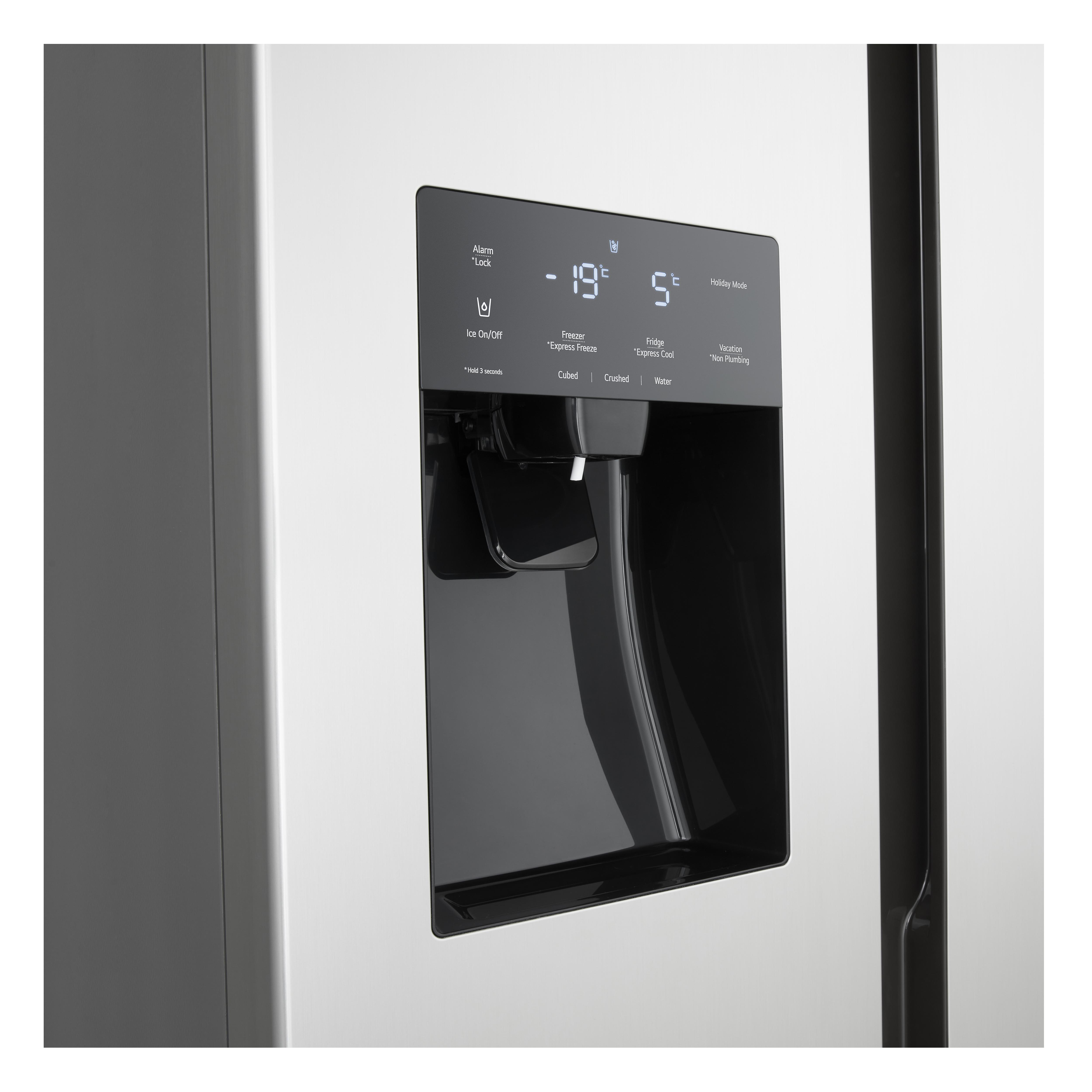 Weißer Kühlschrank mit Digitalanzeige, Temperatur und Bedienung für Eis und Wasser.