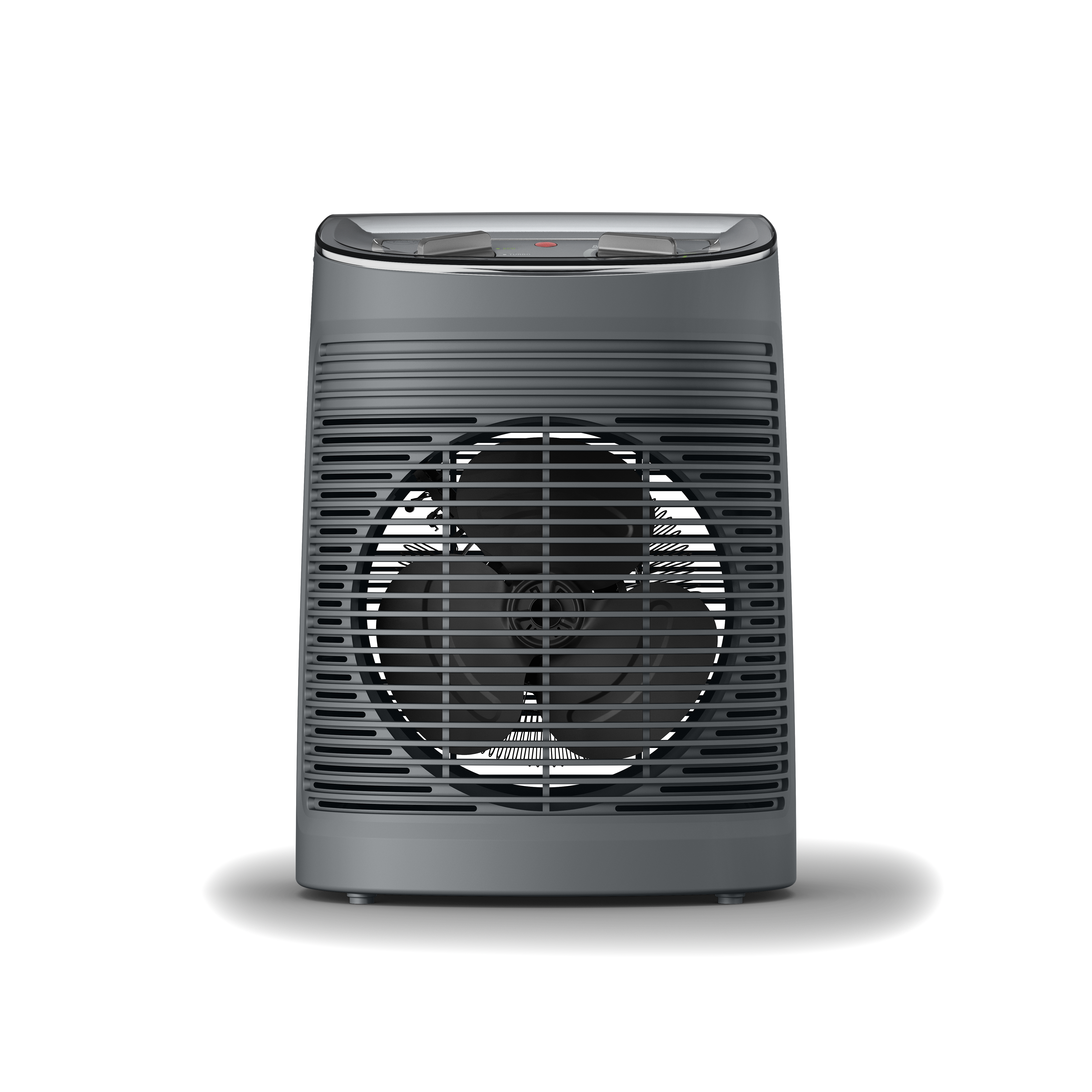 Ein grauer Ventilator mit einem schwarzen Ventilator im Inneren befindet sich auf weißem Hintergrund. Der Ventilator hat horizontale Linien und einen roten Knopf.