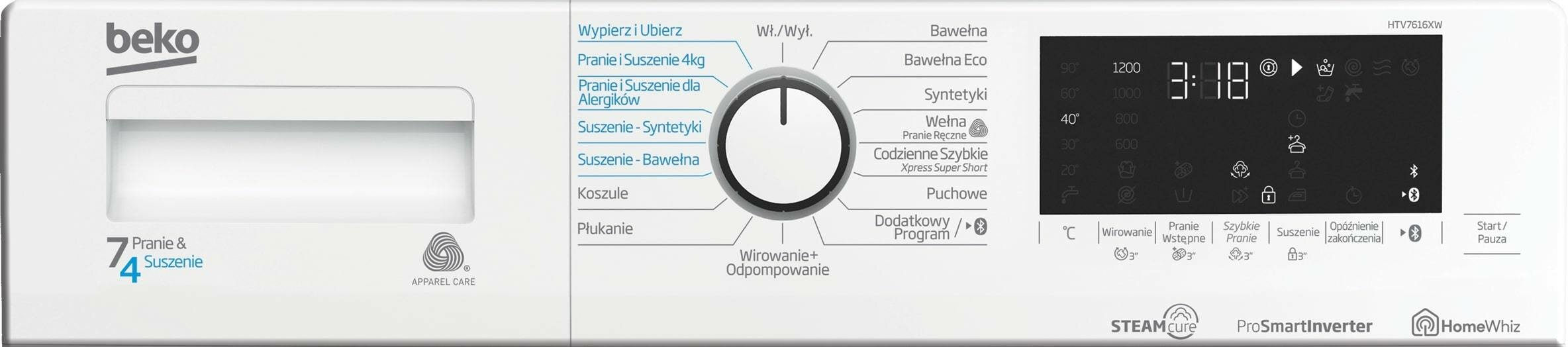 Panel sterowania pralki z opcjami programu, wyświetlaczem i przyciskami.