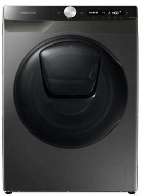 Ciemnoszara suszarka Samsung, widok z przodu. Posiada czarne drzwi i panel sterowania.