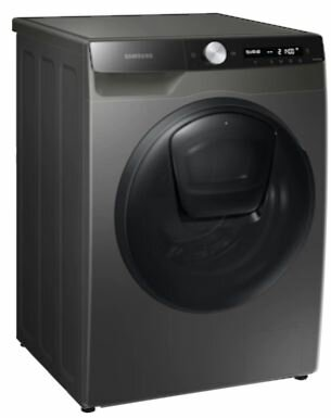 Ciemnoszara suszarka Samsung, widok z przodu, z wyświetlaczem cyfrowym i pokrętłem.