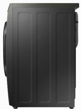 Widok z boku ciemnoszarej pralki. Bok ma pionowe linie, drzwi i górny panel.