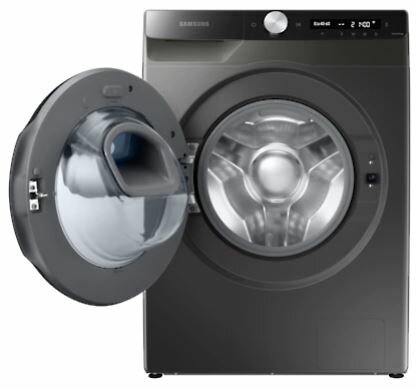 Czarna pralka Samsung. Drzwi są otwarte, odsłaniając wnętrze.