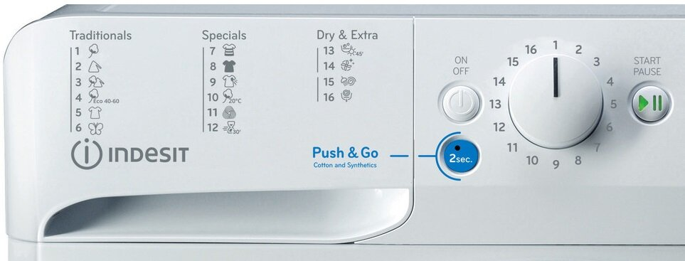 Zbliżenie białego panelu sterowania pralki. Posiada przyciski, pokrętło i opcje programu.