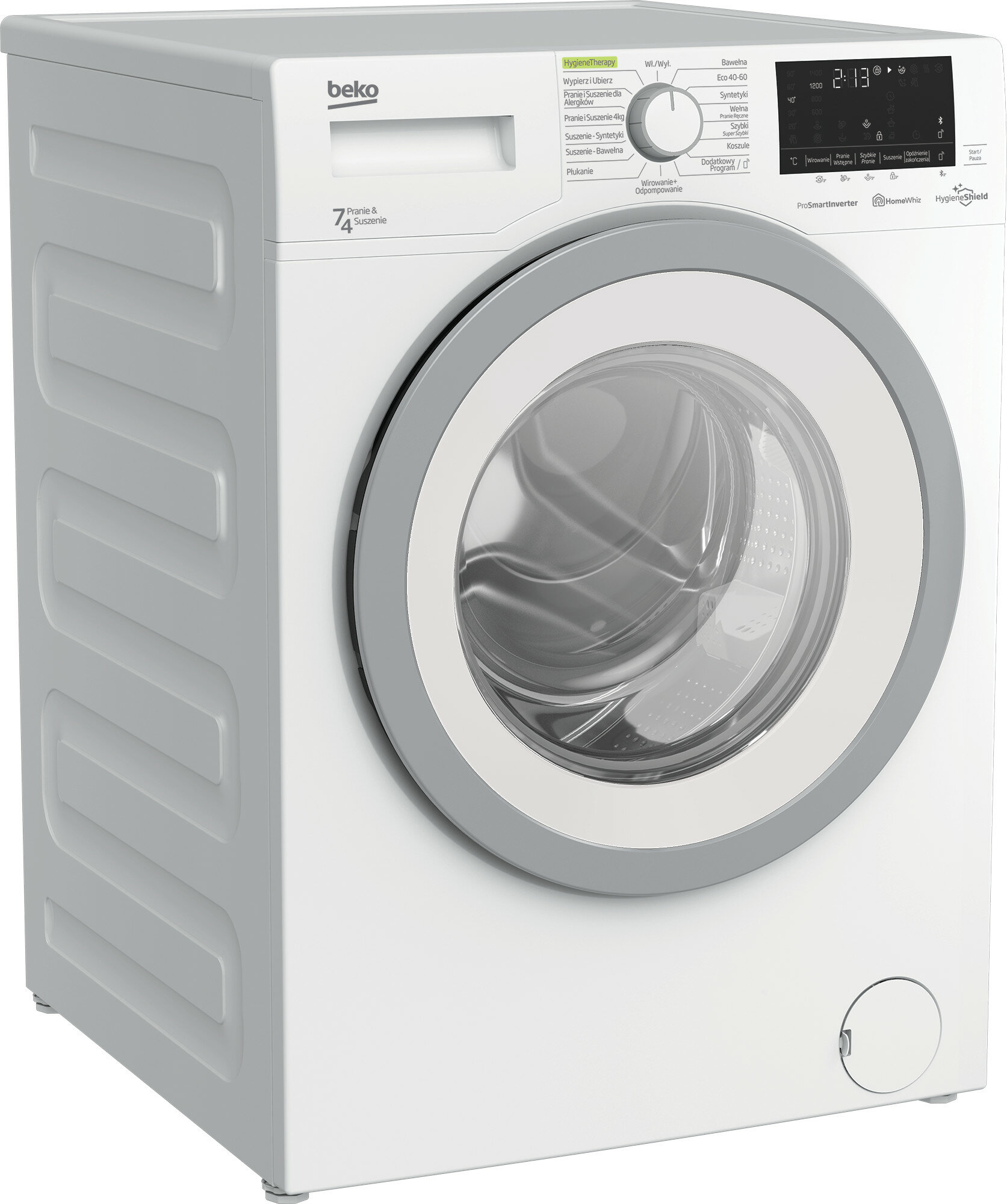 Biała pralka Beko z szarą obwódką wokół drzwi, widok z boku.