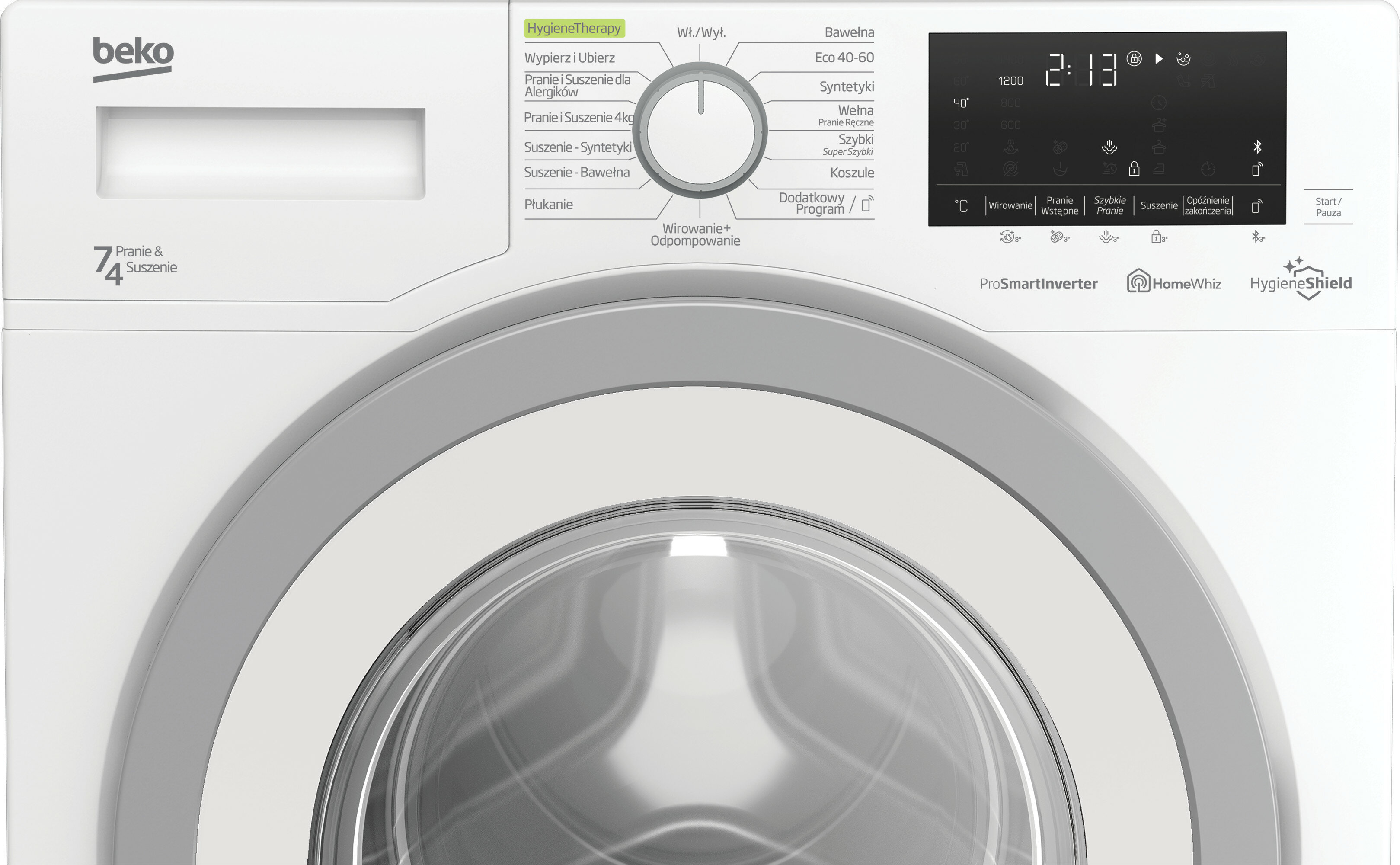Biała pralka Beko z okrągłym pokrętłem i cyfrowym wyświetlaczem ustawień.