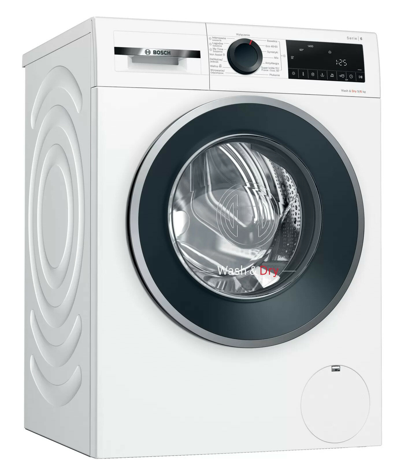 Biała pralka Bosch serii 6. Czarne drzwi ze szklanym oknem. Panel sterowania jest na górze.