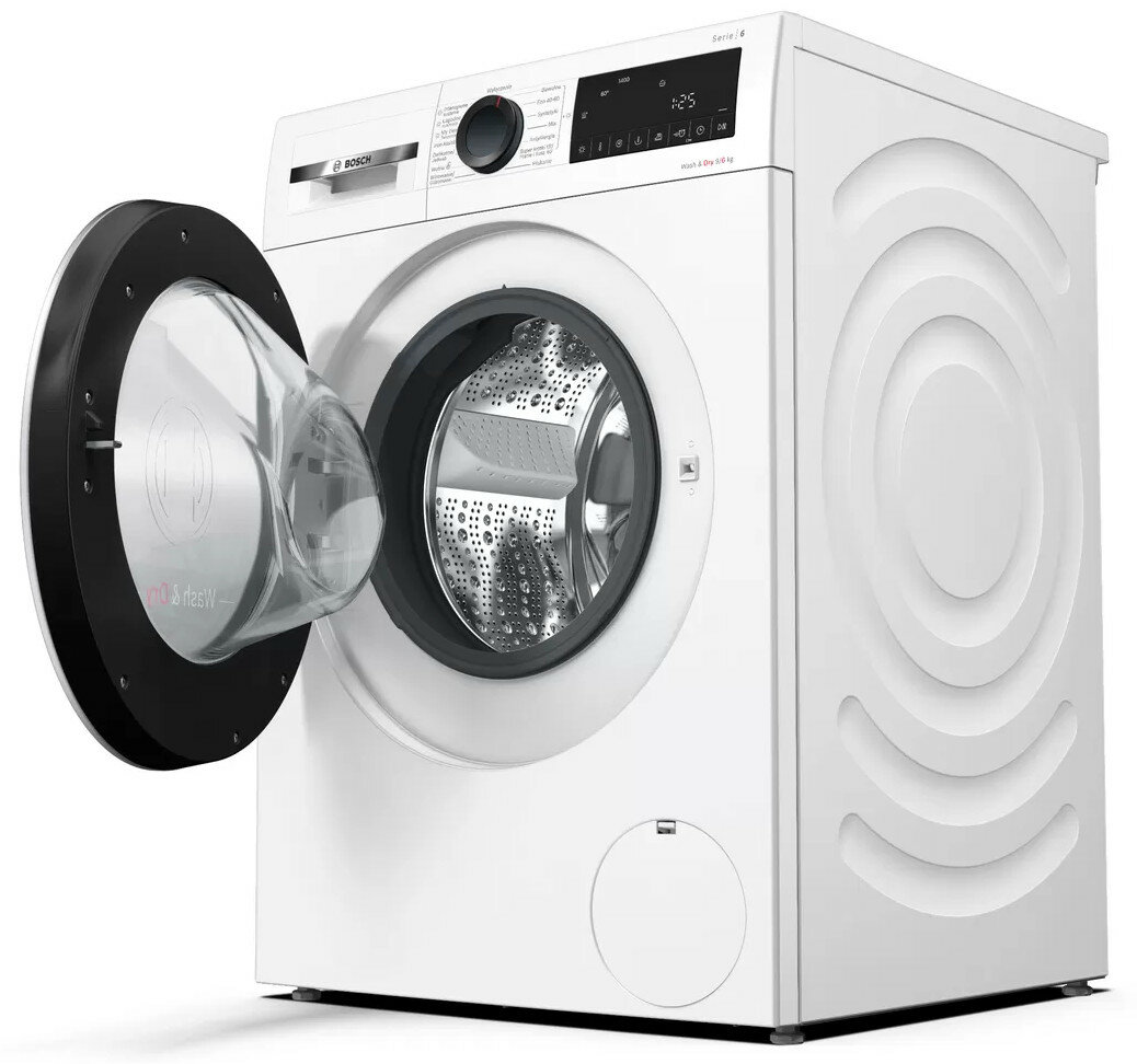 Biała pralka Bosch z otwartymi drzwiami, pokazująca bęben wewnętrzny.