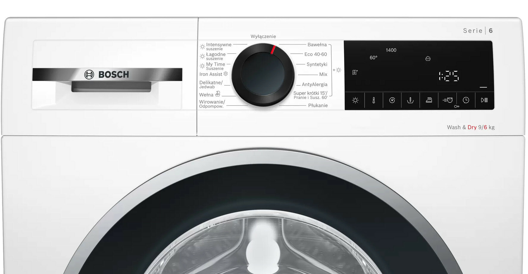 Zbliżenie białego panelu sterowania pralki z kilkoma ustawieniami i wyświetlaczem cyfrowym.