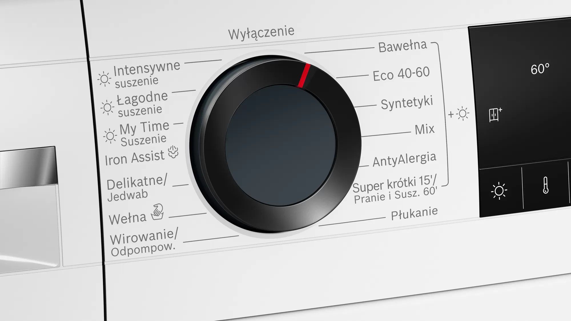 Panel sterowania pralki z pokrętłem i różnymi opcjami programów.