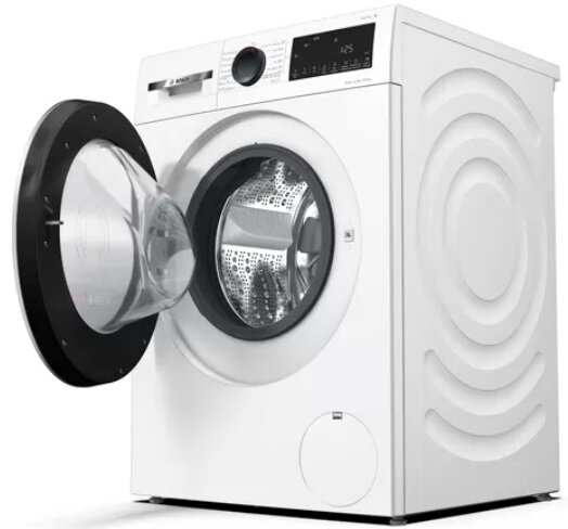 Biała pralka Bosch z otwartymi drzwiami, pokazująca wnętrze.