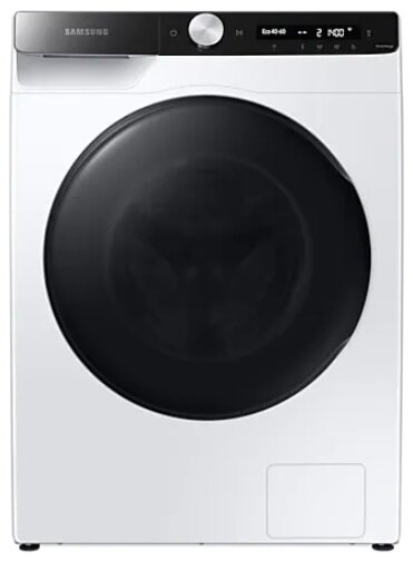 Biała pralka Samsung z czarnymi drzwiami i panelem sterowania. Widok z przodu, zdjęcie studyjne.