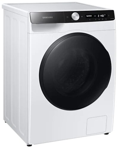 Biała pralka Samsung z czarnymi drzwiami i panelem sterowania.