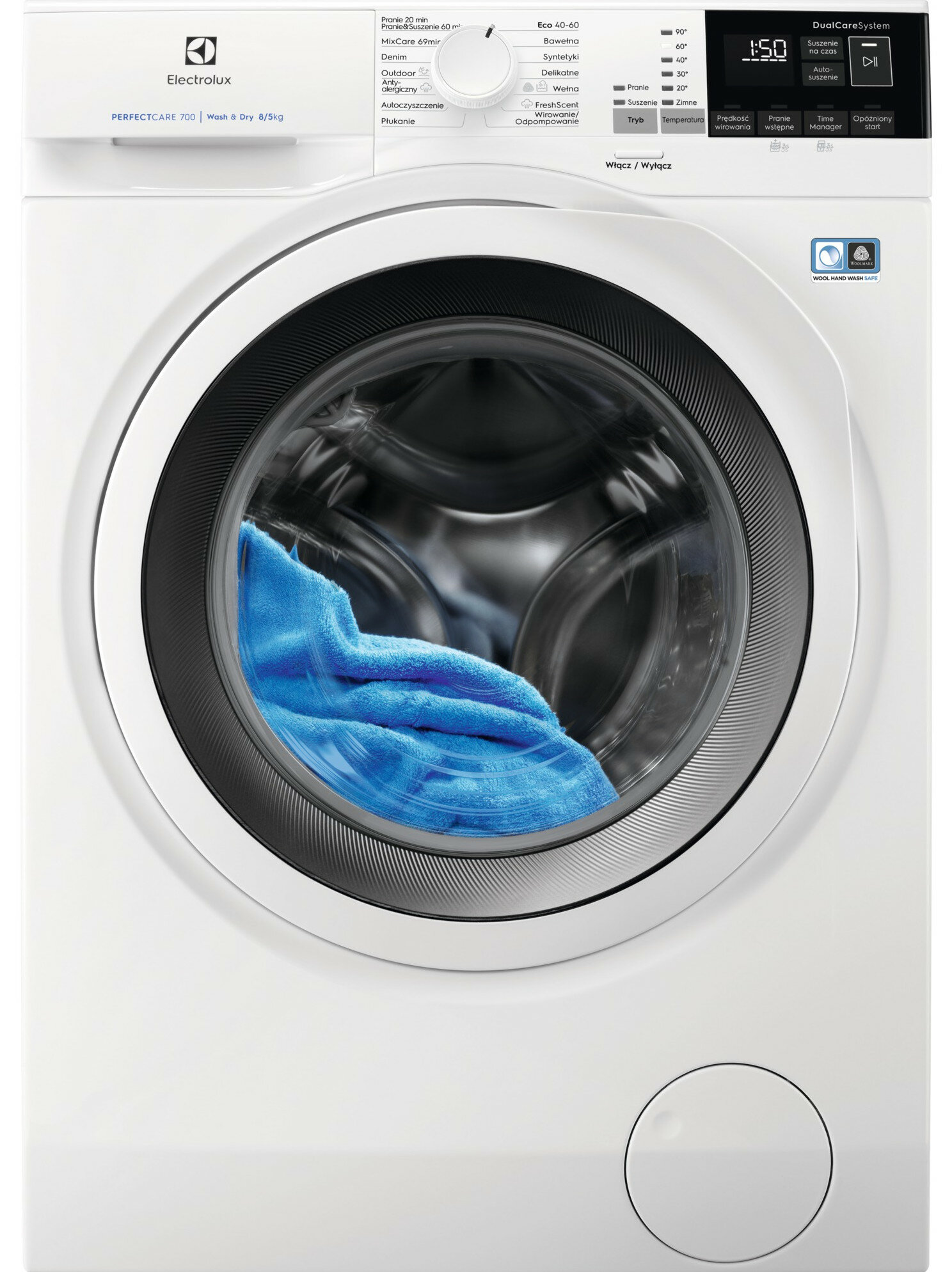 Biała pralka Electrolux z niebieskim ręcznikiem w bębnie.