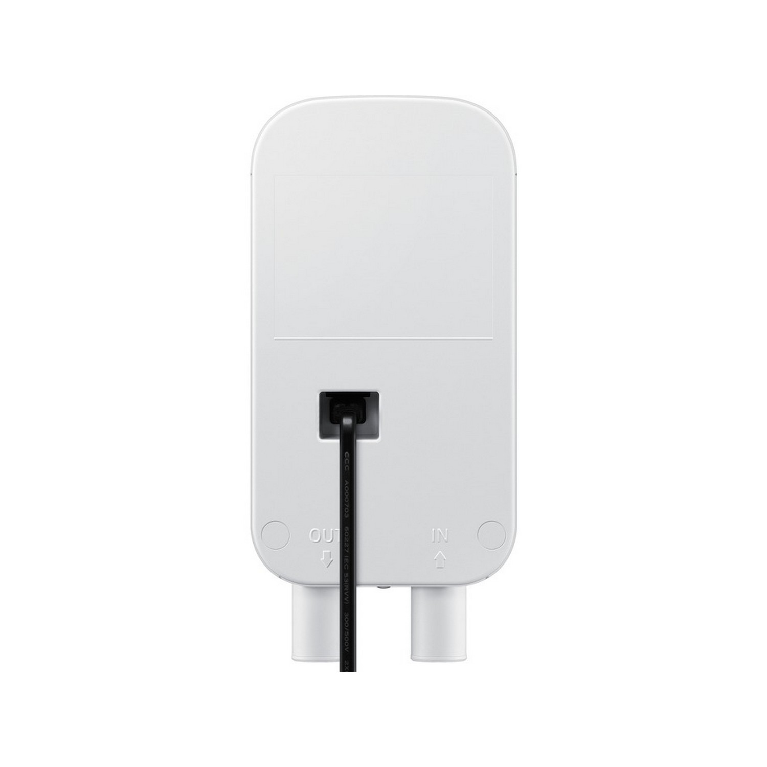 The back of a white device with a black cable extending from it. The back shows the OUT and IN ports.