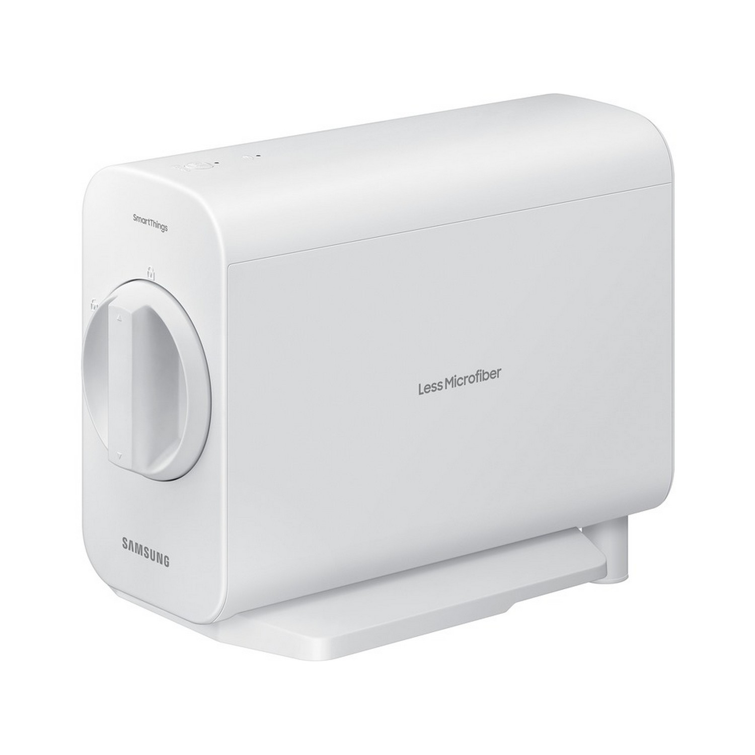 White device with SmartThings label, 'Less Microfiber' text, and a rotating dial.