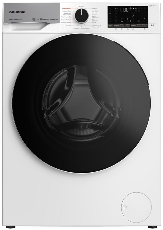 Biała pralka z czarnymi drzwiami i cyfrowym wyświetlaczem. Marka to Grundig.