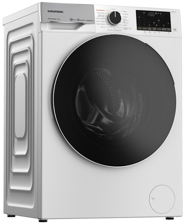 Biała pralka Grundig z czarnymi, okrągłymi drzwiami i panelem sterowania.