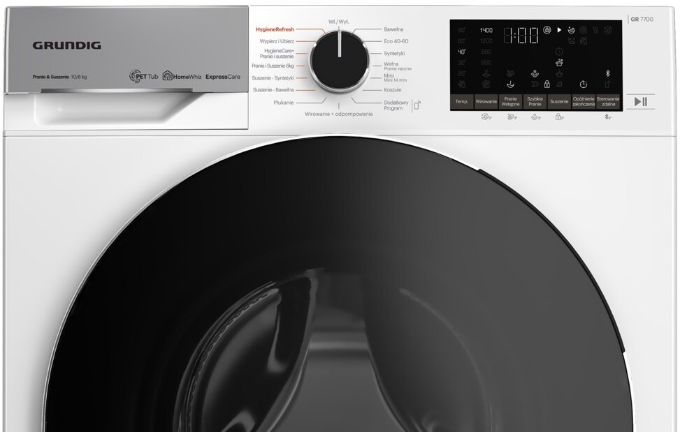 Panel sterowania pralki z czarnym pokrętłem i wyświetlaczem cyfrowym.