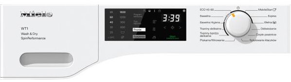 Panel sterowania pralki z wyświetlaczem cyfrowym i przyciskami.