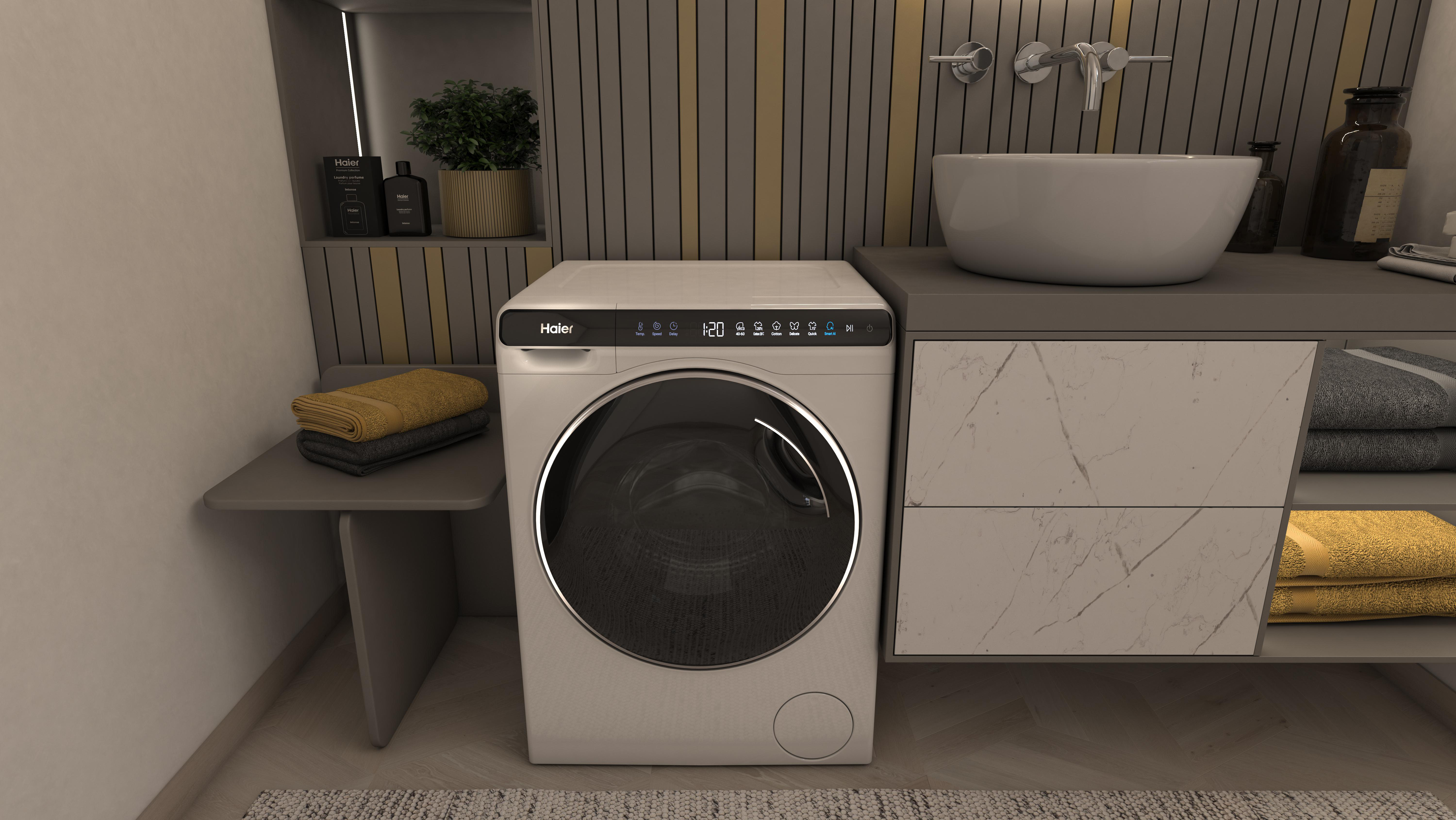 Modernes Badezimmer mit Waschmaschine, Waschbecken, Handtüchern und Haier-Produkten, neutrale Töne.